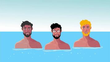 Animated trio of shirtless men relaxing in clear ocean on summer day video