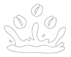 Outline illustration of coffee beans splashing into a liquid creating a minimalistic black and white design vector