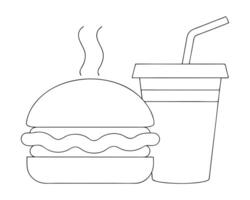 Simple black and white illustration of a hamburger meal with soda for design elements vector