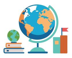 Colorful illustration of a globe books and a building with a flag representing global education vector