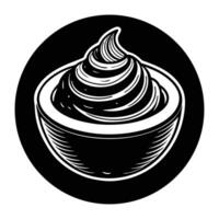 illustration of a swirling creamy dessert topping served in a circular bowl on black background. vector