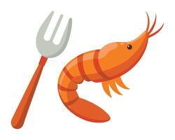 Delicious cooked shrimp and fork isolated on white background conceptualizing seafood dinner vector