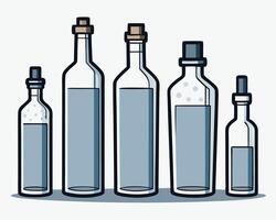 Five various sized glass bottles with blue liquid and cork stoppers against white background vector