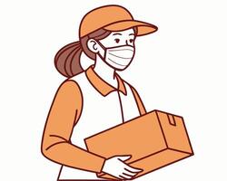 Delivery person wearing mask carrying package during pandemic in simple flat illustration vector