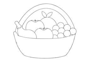 Black and white illustration of a filled fruit basket containing various healthy fruits for design elements. vector