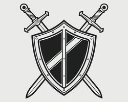 Black and white illustration featuring a shield and crossed swords representing defense and protection vector