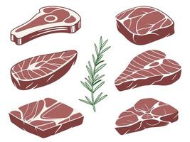 Illustrated graphics of various cuts of beef with rosemary for culinary and butcher usage vector
