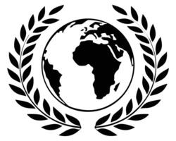 Black and white illustration of the earth surrounded by a laurel wreath symbol of global unity. vector