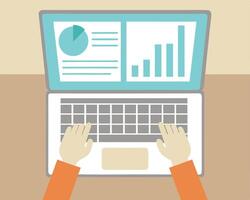 Top down perspective of a laptop displaying business data charts and diagrams analysis. vector