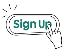 An illustration of a hand pointing to the sign up button to encourage website registration vector