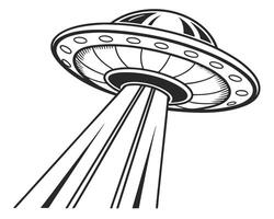 Black and white illustration of a ufo shining a bright beam into the distance vector