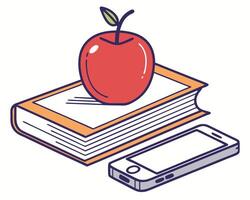 Illustration featuring an apple on top of a book and a smartphone representing education and learning vector