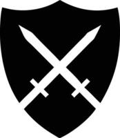 Monochrome shield emblem featuring crossed swords representing protection and strength symbolism vector
