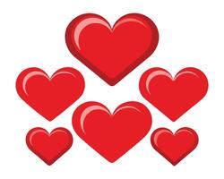 illustration of six bright red glossy hearts arranged on a plain white background for design vector