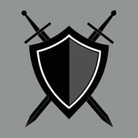 Emblem of crossed swords and shield in black and gray against a monochromatic background vector