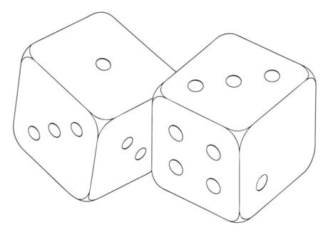 Two dice illustration showing numbers randomly placed in black and white simple outline vector