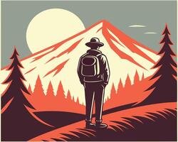 Adventurous hiker stands before mountain landscape under bright sun in retro illustration vector