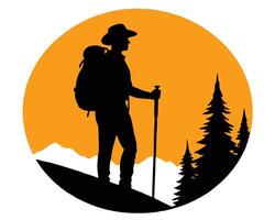 Silhouette of a hiker with backpack and walking stick in the forest circle design vector