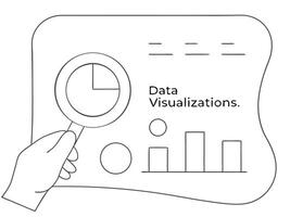Hand holding magnifying glass examining data visualization charts and graphs analysis concept vector