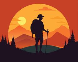 Silhouette of hiker on a mountain with sunset in the background peaceful adventure scene vector