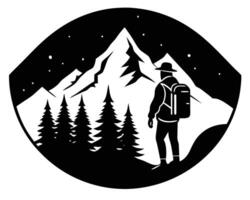Silhouette of a hiker standing in front of mountains and pine trees under the night sky vector