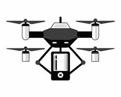 Illustrated black and white drone with a screen displaying error message on isolated white background vector