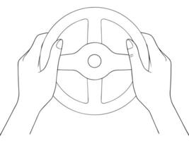 Hands gripping a car steering wheel illustration simple black and white line art vector