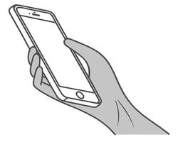 Simple illustration of a hand holding a smartphone against a plain white background showcasing technology vector