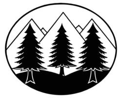 Black and white illustration of three pine trees with mountains within a circular frame. vector