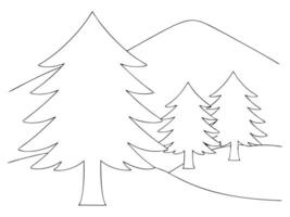 Minimalist black and white illustration of coniferous trees and a distant mountain range vector