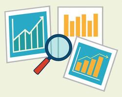 Business analytics and financial analysis with graphs and a magnifying glass illustration. vector