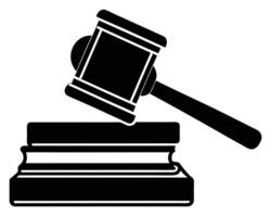 Black and white illustration of a judge's gavel resting on top of law books vector