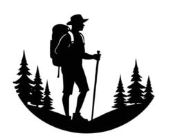Silhouette of a hiker with backpack and walking stick in a forest setting vector