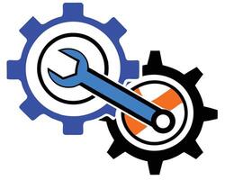 Illustration of two interlocking gears with a wrench symbolizing teamwork and engineering vector