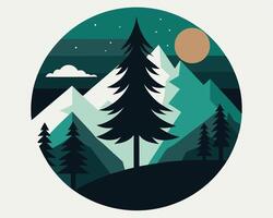 Scenic mountain and forest landscape illustration in a decorative circular composition with stars and moon vector