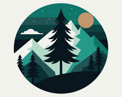 Scenic mountain and forest landscape illustration in a decorative circular composition with stars and moon