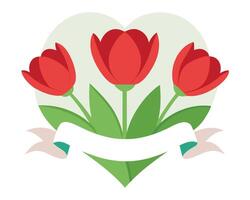 Beautiful red tulips arranged in a heart with a ribbon for greeting and celebration vector
