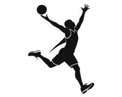 Silhouette of a basketball player jumping to shoot the ball with white background vector