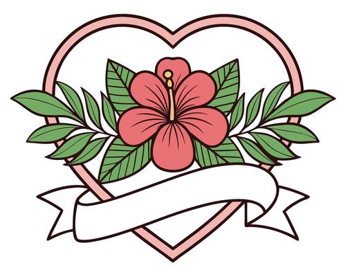 Floral heart design featuring hibiscus flower green leaves and blank ribbon for text
