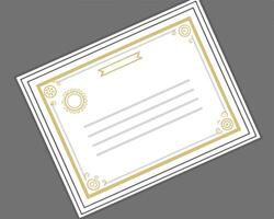 Elegant certificate template with ornamental gold accents on a white paper with lines and ribbon element. vector
