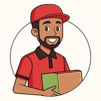 Smiling delivery man in uniform with package ready for shipment in illustration style vector