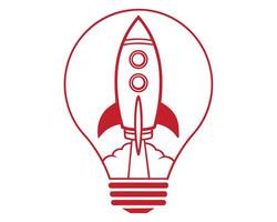 Red outline rocket ship launching inside a light bulb symbolizing innovation and startup vector