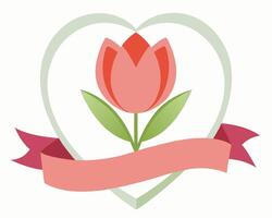 A delicate illustration of a pink tulip within a heart and a pink ribbon on white background vector