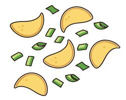 Cartoon illustration of crispy chips with green chopped onions floating in a white background vector