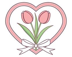 Lovely pink tulips and leaves with a white bow within a heart frame design vector