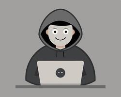 Anonymous hacker wearing a hoodie working on laptop computer on a gray background vector