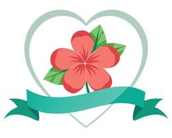 Beautiful red flower with leaves inside a heart with a ribbon perfect for design elements vector