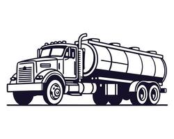 Black and white line art illustration of a fuel tanker truck for transportation purposes. vector