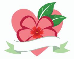 A decorative pink flower with a heart shape and blank banner isolated on a white background. vector