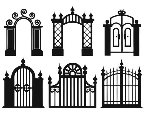 Set of six black silhouette illustrations depicting elegant gates and decorative archways on white backgrounds
